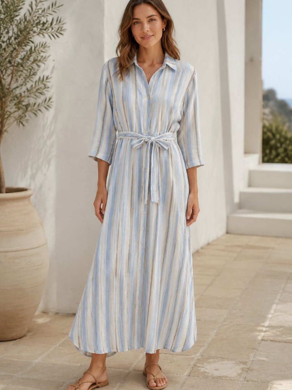 CP Shades Michelle Linen Striped Button-down Shirt Dress Sz S